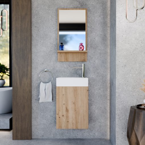 HD Lyon Oak 40 fali mosdószekrény, tölgyfa színben, fényes fehér kerámia mosdóval és polcos tükörrel