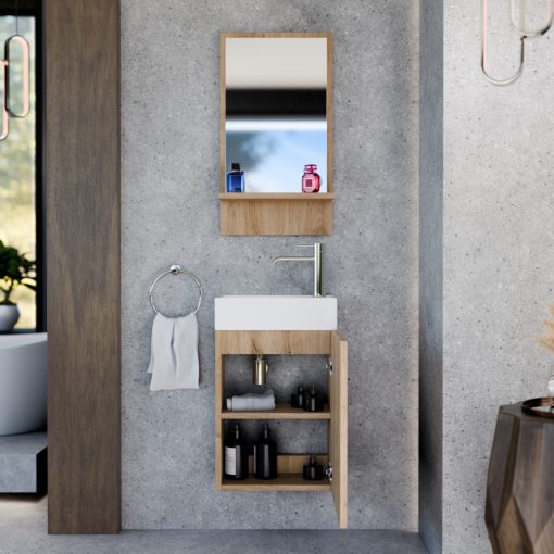 HD Lyon Oak 40 fali mosdószekrény, tölgyfa színben, fényes fehér kerámia mosdóval és polcos tükörrel