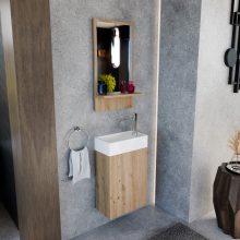 HD Lyon Oak 40 fali mosdószekrény, tölgyfa színben, fényes fehér kerámia mosdóval és polcos tükörrel