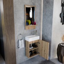 HD Lyon Oak 40 fali mosdószekrény, tölgyfa színben, fényes fehér kerámia mosdóval és polcos tükörrel