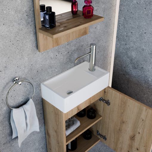 HD Lyon Oak 40 fali mosdószekrény, tölgyfa színben, fényes fehér kerámia mosdóval és polcos tükörrel