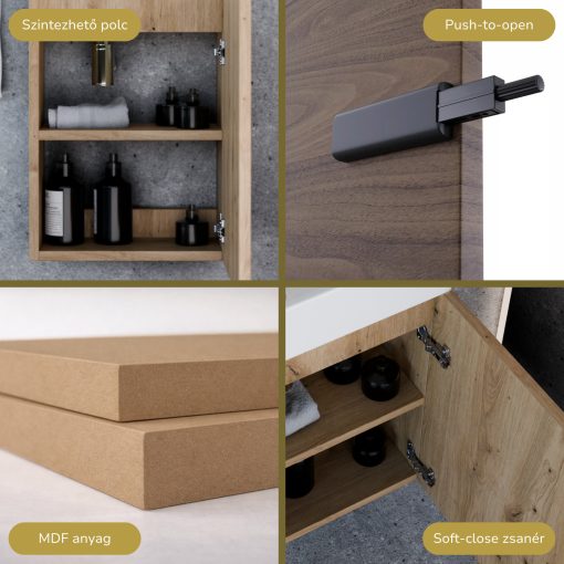 HD Lyon Oak 40 fali mosdószekrény, tölgyfa színben, fényes fehér kerámia mosdóval és polcos tükörrel