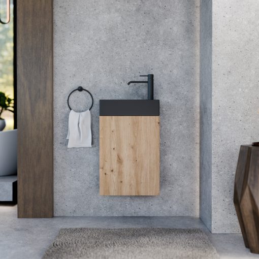 HD Lyon Oak 40 fali mosdószekrény, tölgyfa színben, matt fekete kerámia mosdóval