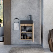 HD Lyon Oak 40 fali mosdószekrény, tölgyfa színben, matt fekete kerámia mosdóval