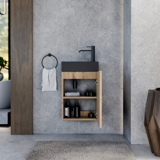 HD Lyon Oak 40 fali mosdószekrény, tölgyfa színben, matt fekete kerámia mosdóval