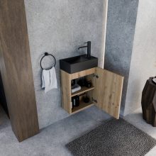 HD Lyon Oak 40 fali mosdószekrény, tölgyfa színben, matt fekete kerámia mosdóval