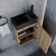 HD Lyon Oak 40 fali mosdószekrény, tölgyfa színben, matt fekete kerámia mosdóval