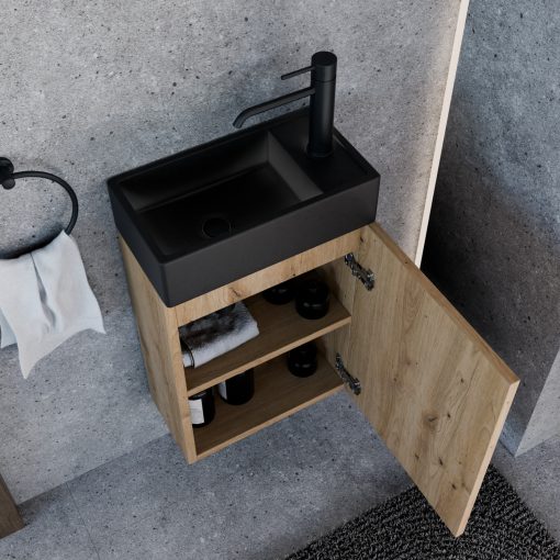 HD Lyon Oak 40 fali mosdószekrény, tölgyfa színben, matt fekete kerámia mosdóval