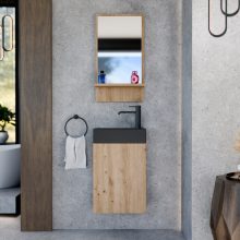 HD Lyon Oak 40 fali mosdószekrény, tölgyfa színben, matt fekete kerámia mosdóval és polcos tükörrel