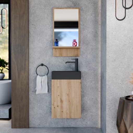 HD Lyon Oak 40 fali mosdószekrény, tölgyfa színben, matt fekete kerámia mosdóval és polcos tükörrel