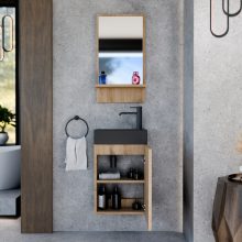 HD Lyon Oak 40 fali mosdószekrény, tölgyfa színben, matt fekete kerámia mosdóval és polcos tükörrel