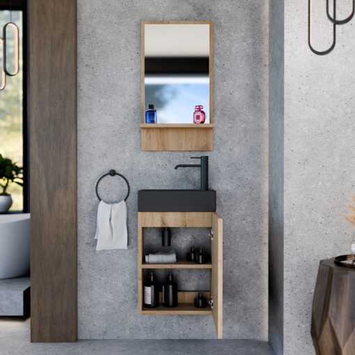 HD Lyon Oak 40 fali mosdószekrény, tölgyfa színben, matt fekete kerámia mosdóval és polcos tükörrel