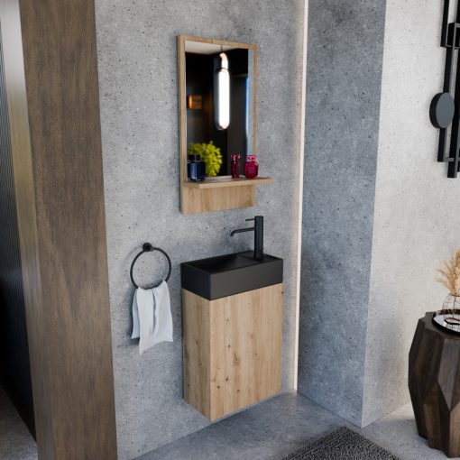 HD Lyon Oak 40 fali mosdószekrény, tölgyfa színben, matt fekete kerámia mosdóval és polcos tükörrel