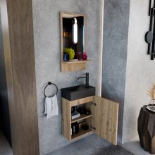 HD Lyon Oak 40 fali mosdószekrény, tölgyfa színben, matt fekete kerámia mosdóval és polcos tükörrel