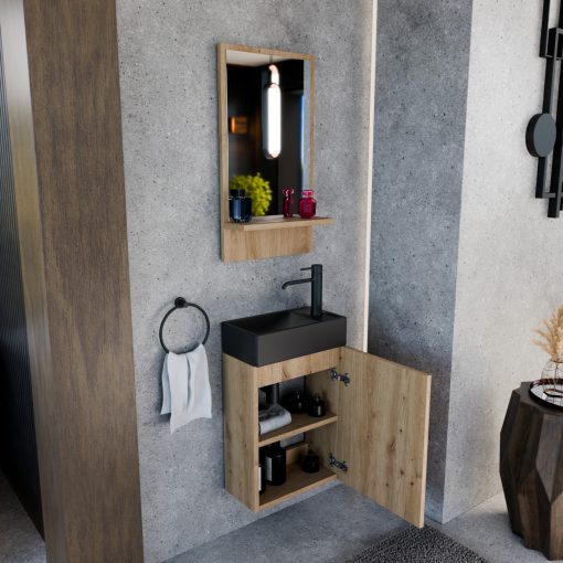 HD Lyon Oak 40 fali mosdószekrény, tölgyfa színben, matt fekete kerámia mosdóval és polcos tükörrel