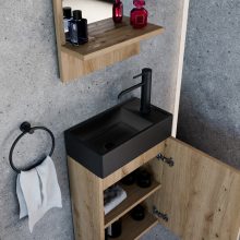 HD Lyon Oak 40 fali mosdószekrény, tölgyfa színben, matt fekete kerámia mosdóval és polcos tükörrel