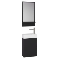   HD Lyon Matt Black 40 fali mosdószekrény, matt fekete színben, fényes fehér kerámia mosdóval és polcos tükörrel