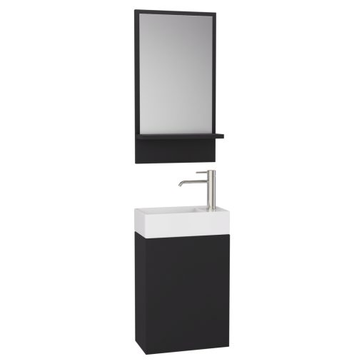 HD Lyon Matt Black 40 fali mosdószekrény, matt fekete színben, fényes fehér kerámia mosdóval és polcos tükörrel