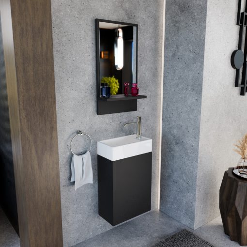 HD Lyon Matt Black 40 fali mosdószekrény, matt fekete színben, fényes fehér kerámia mosdóval és polcos tükörrel