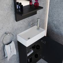 HD Lyon Matt Black 40 fali mosdószekrény, matt fekete színben, fényes fehér kerámia mosdóval és polcos tükörrel