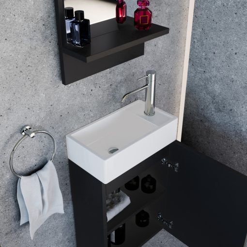 HD Lyon Matt Black 40 fali mosdószekrény, matt fekete színben, fényes fehér kerámia mosdóval és polcos tükörrel