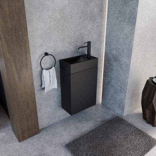 HD Lyon Matt Black 40 fali mosdószekrény, matt fekete színben, matt fekete kerámia mosdóval