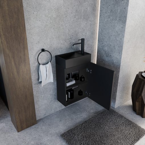 HD Lyon Matt Black 40 fali mosdószekrény, matt fekete színben, matt fekete kerámia mosdóval