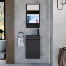 HD Lyon Matt Black 40 fali mosdószekrény, matt fekete színben, matt fekete kerámia mosdóval és polcos tükörrel