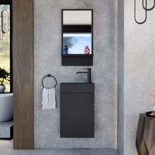 HD Lyon Matt Black 40 fali mosdószekrény, matt fekete színben, matt fekete kerámia mosdóval és polcos tükörrel