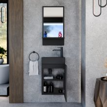 HD Lyon Matt Black 40 fali mosdószekrény, matt fekete színben, matt fekete kerámia mosdóval és polcos tükörrel