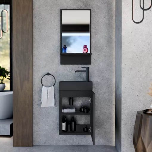 HD Lyon Matt Black 40 fali mosdószekrény, matt fekete színben, matt fekete kerámia mosdóval és polcos tükörrel