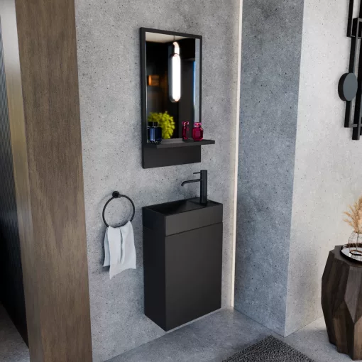 HD Lyon Matt Black 40 fali mosdószekrény, matt fekete színben, matt fekete kerámia mosdóval és polcos tükörrel