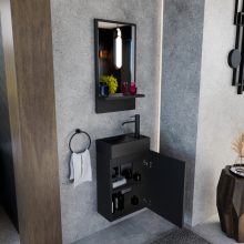 HD Lyon Matt Black 40 fali mosdószekrény, matt fekete színben, matt fekete kerámia mosdóval és polcos tükörrel