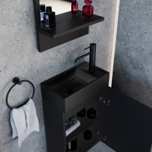 HD Lyon Matt Black 40 fali mosdószekrény, matt fekete színben, matt fekete kerámia mosdóval és polcos tükörrel