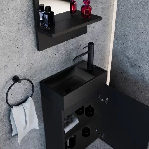 HD Lyon Matt Black 40 fali mosdószekrény, matt fekete színben, matt fekete kerámia mosdóval és polcos tükörrel