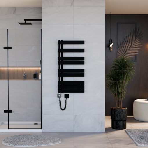 HD Astoria Black 1000x500 mm smart elektromos design törölközőszárító radiátor 400W-os wifi-s fűtőpatronnal, smart funkcióval, matt fekete