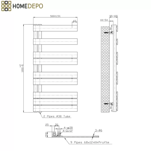 HD Astoria Black 1000x500 mm design törölközőszárító radiátor, matt fekete