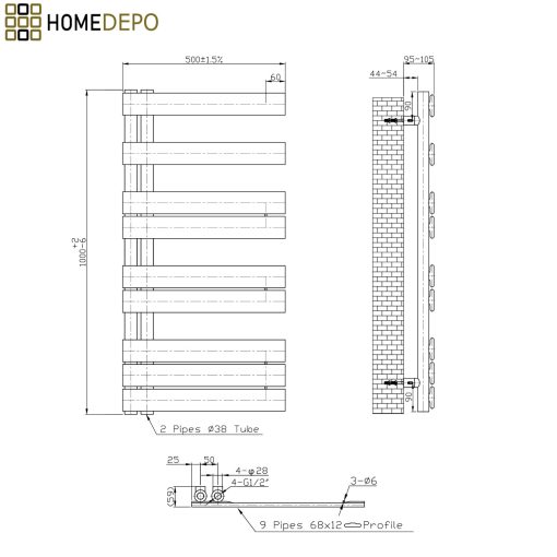 HD Astoria White 1000x500 mm elektromos design törölközőszárító radiátor 400W-os fűtőpatronnal, fényes fehér