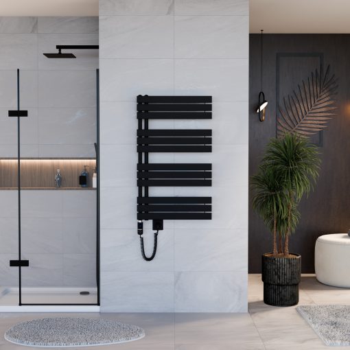 HD Astoria Black 1000x600 mm elektromos design törölközőszárító radiátor 400W-os fűtőpatronnal, matt fekete