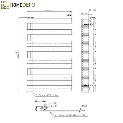 HD Astoria Black 1000x600 mm elektromos design törölközőszárító radiátor 400W-os fűtőpatronnal, matt fekete