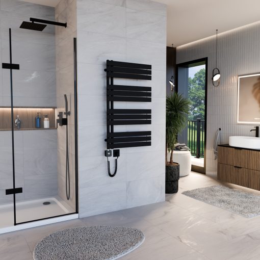 HD Astoria Black 1000x600 mm smart elektromos design törölközőszárító radiátor 400W-os wifi-s fűtőpatronnal, smart funkcióval, matt fekete