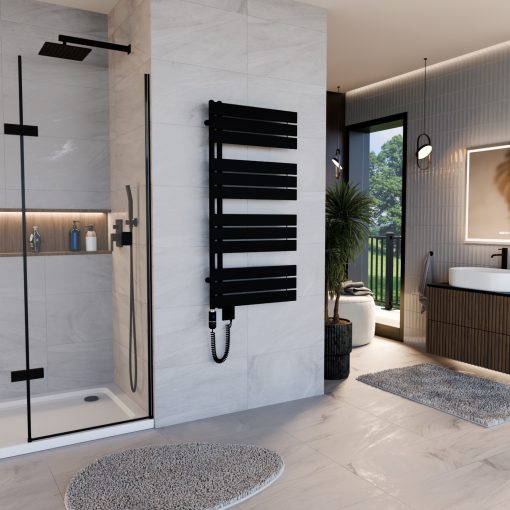 HD Astoria Black 1200x600 mm elektromos design törölközőszárító radiátor 400W-os fűtőpatronnal, matt fekete