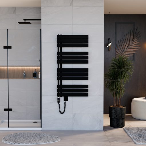 HD Astoria Black 1200x600 mm elektromos design törölközőszárító radiátor 400W-os fűtőpatronnal, matt fekete