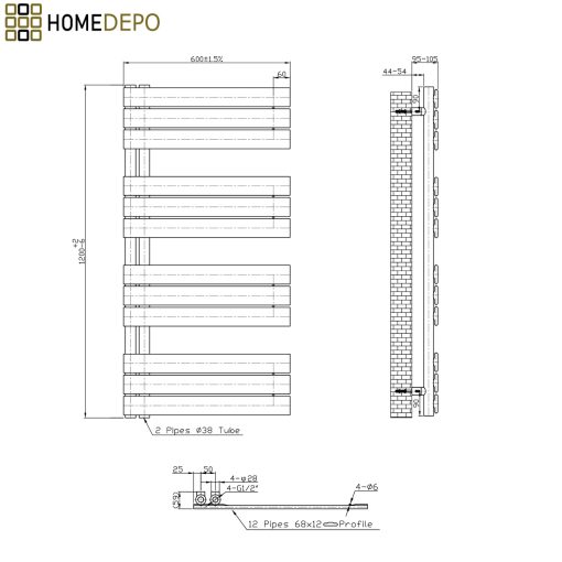 HD Astoria White 1200x600 mm elektromos design törölközőszárító radiátor 400W-os fűtőpatronnal, fényes fehér