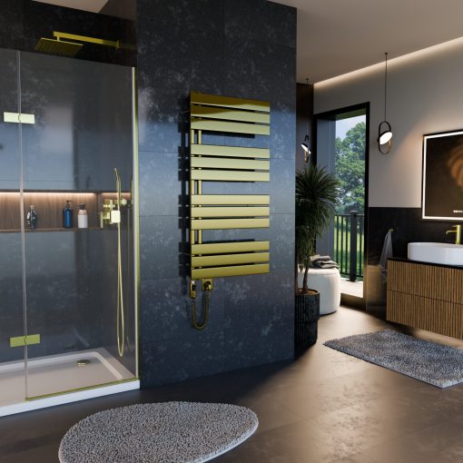 HD Astoria Gold 1200x600 mm elektromos design törölközőszárító radiátor 400W-os fűtőpatronnal, fényes arany