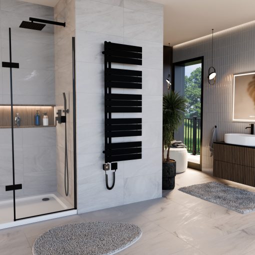 HD Astoria Black 1400x500 mm smart elektromos design törölközőszárító radiátor 400W-os wifi-s fűtőpatronnal, smart funkcióval, matt fekete