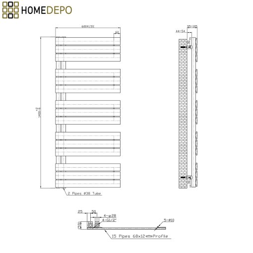 HD Astoria White 1400x600 mm elektromos design törölközőszárító radiátor 600W-os fűtőpatronnal, fényes fehér