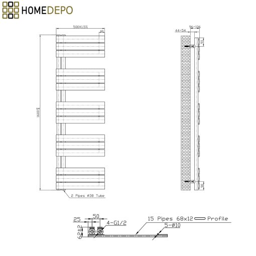 HD Astoria Black 1600x500 mm elektromos design törölközőszárító radiátor 600W-os fűtőpatronnal, matt fekete
