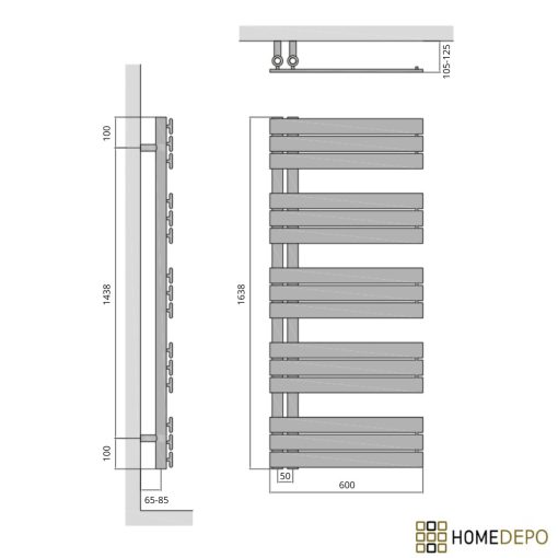HD Astoria White 1600x600 mm design törölközőszárító radiátor, fényes fehér