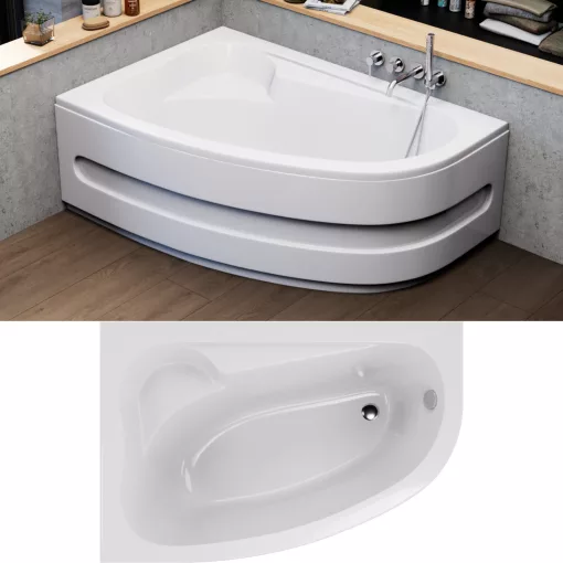 HD Wave 150x100 cm széles aszimmetrikus íves balos akril sarokkád lábbal és előlappal